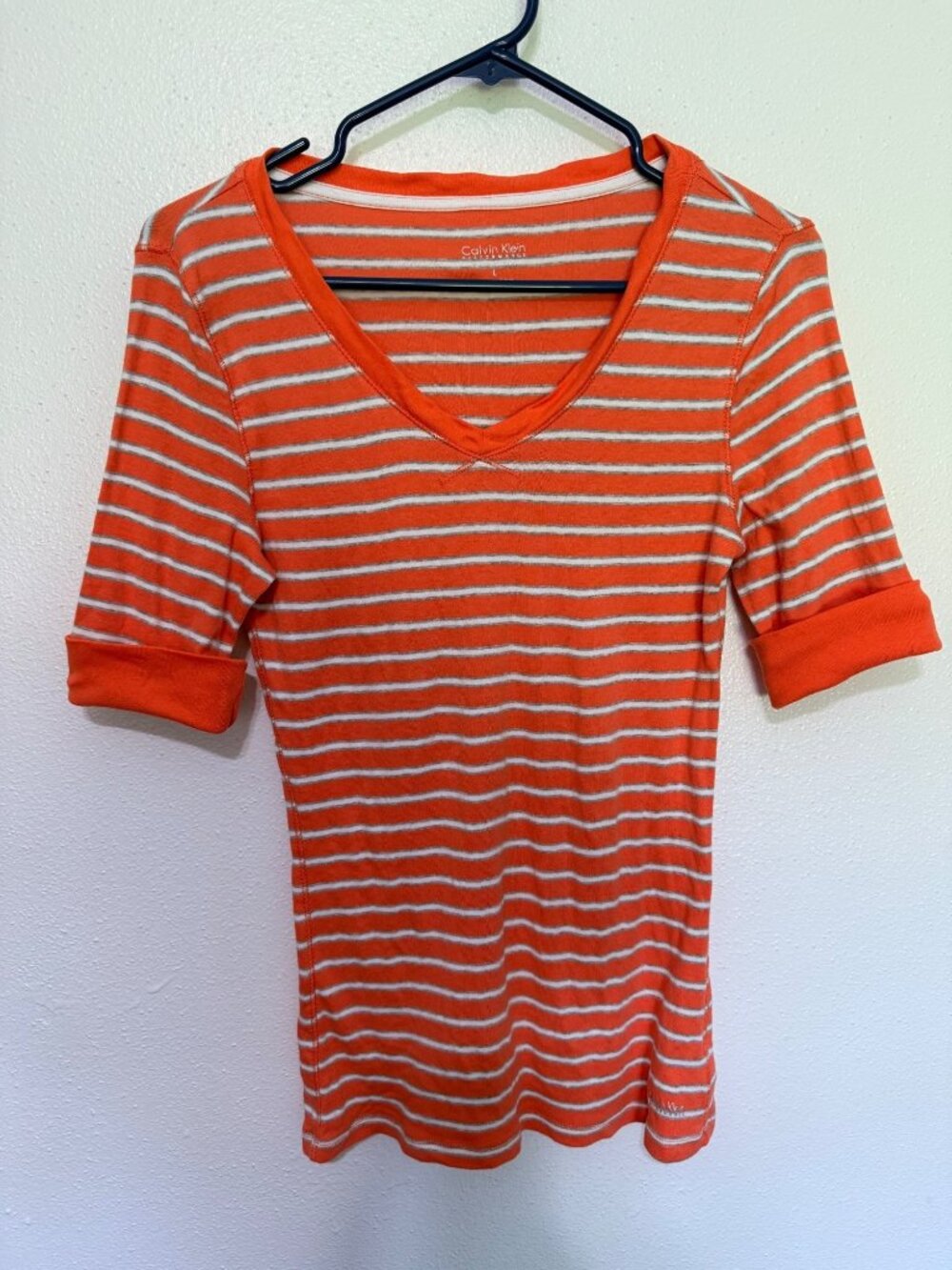 Calvin Klein Knit Top Orange White Stripe V Neck Cuff Sleeve Womans L